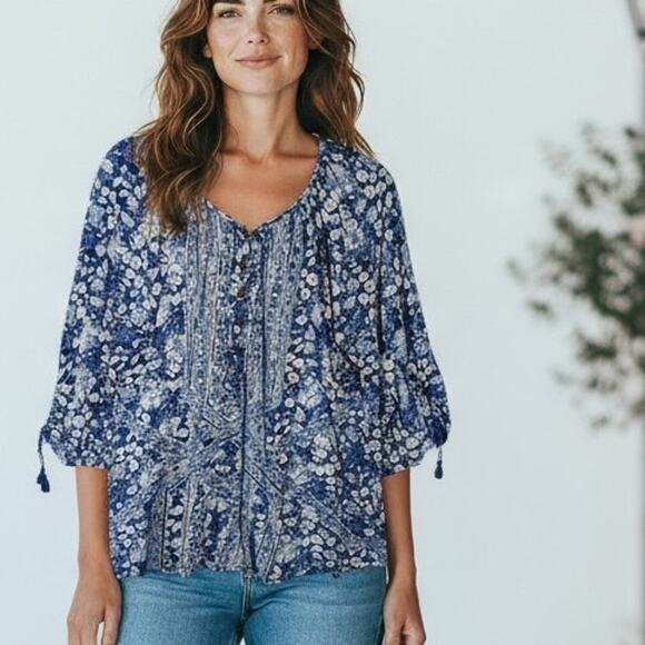 Lucky Brand Peasant Top 2X Blue Mixed Floral Boho - Picture 1 of 9